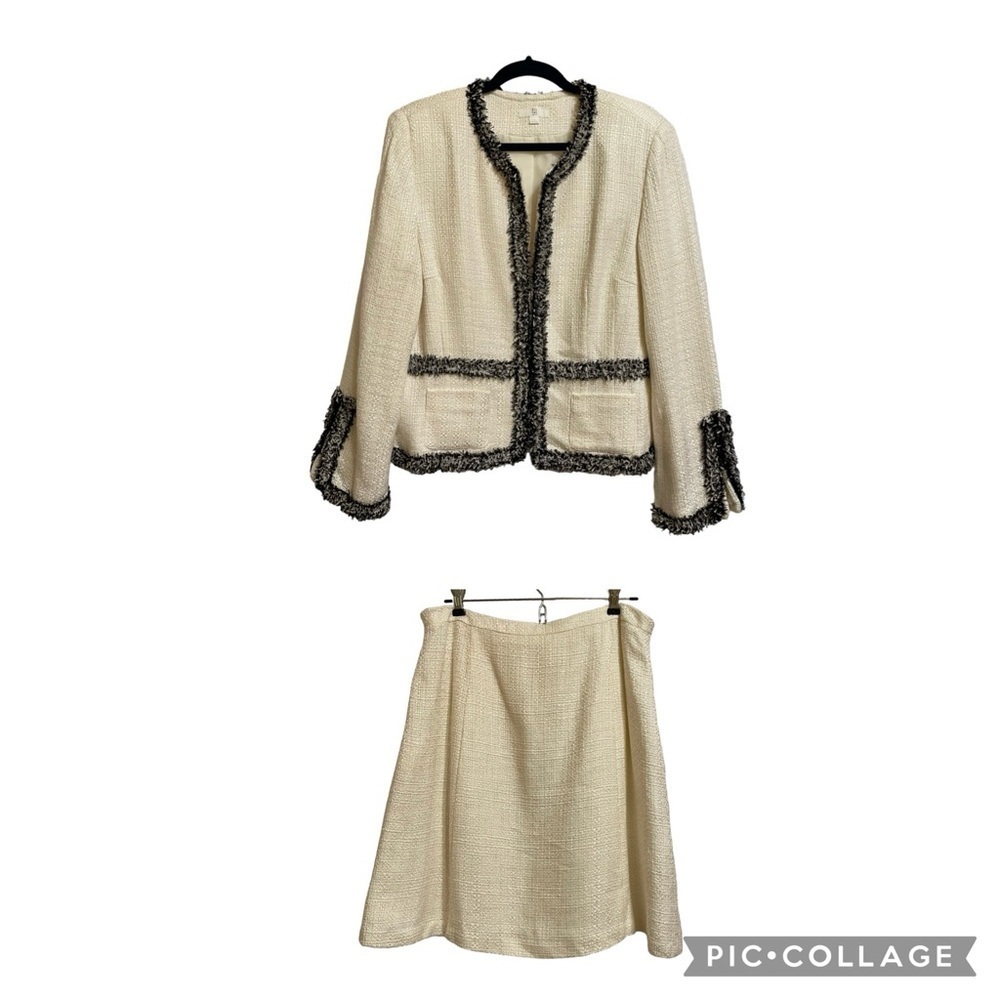 Apt 9 Cream Boucle Jacket Sz 14 and A-Line Skirt Sz 12 with Black Eyelash Trim